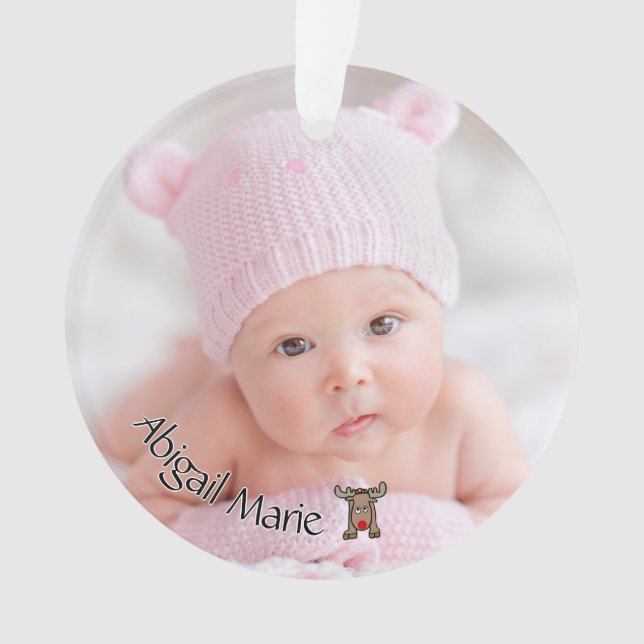 Dated Foto Baby's First Christmas mit Rentier Ornament (Vorderseite)