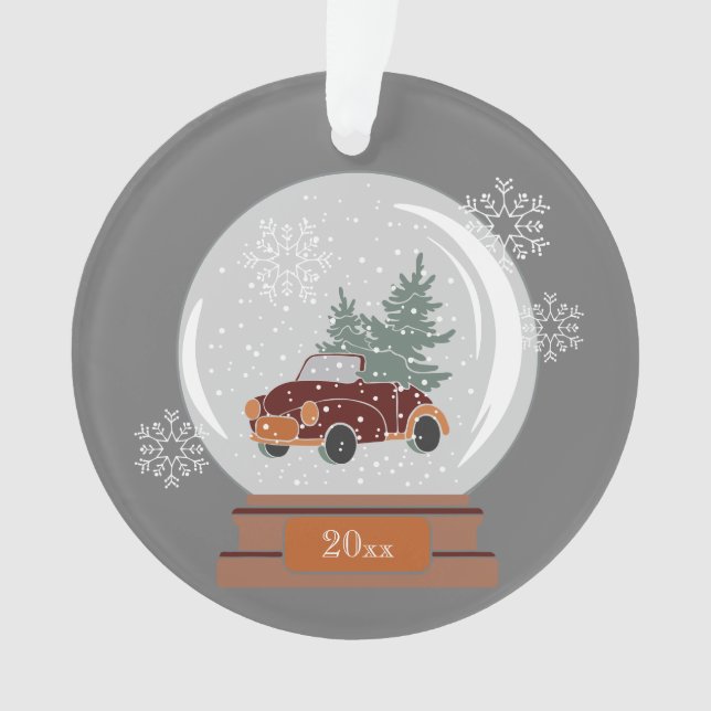 Dated Snow Globe with Red Car & Tree, Personalisie Ornament (Vorderseite)