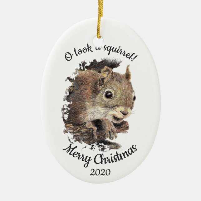 Datierte Weihnachts Custom Watercolor Squirrel Zit Keramikornament (Vorne)