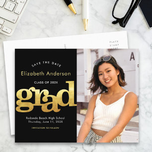 Datum Abschluss Foto Gold schwarze Typografie ger Einladungspostkarte