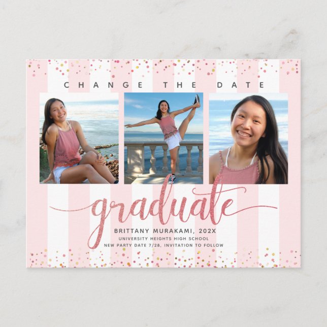 Datum ändern Rose Gold-Script Abschluss Foto chic Einladungspostkarte (Vorderseite)