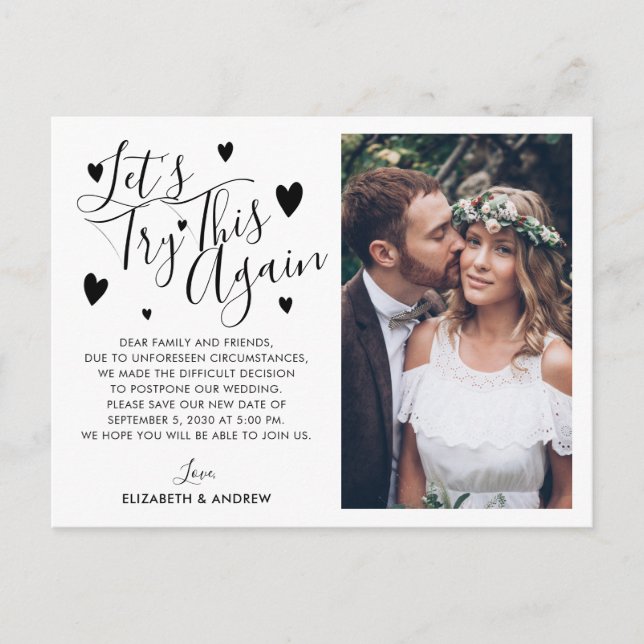 Datum der Hochzeitverschiebung Versuch noch einmal Ankündigungspostkarte (Vorderseite)