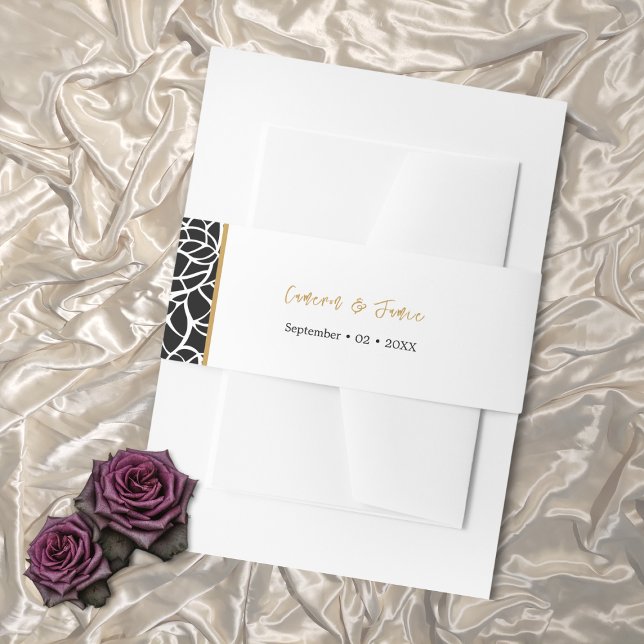 Datum der weißen botanischen Grenznamen Einladungsbanderole (White Black Botanical Border Names Date Invitation Belly Band)