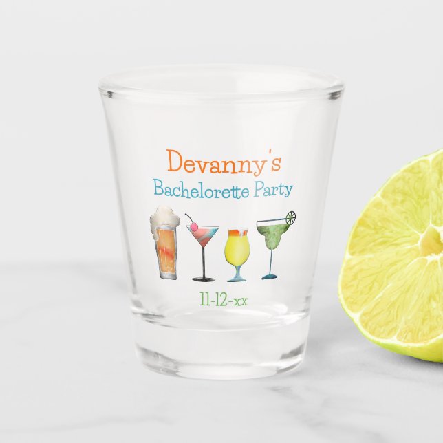 Datum des personalisierten Junggeselinnen-Abschied Schnapsglas (Vorderseite)