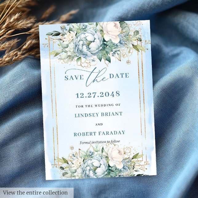 Datum des Rett der botanischen Pastel Blue White G Einladung (Botanical Pastel Blue White Gold Floral Save The Date)