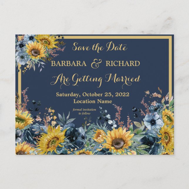 Datum des Rett der Postcard Navy Blue Sunflower Bl Ankündigungspostkarte (Vorderseite)