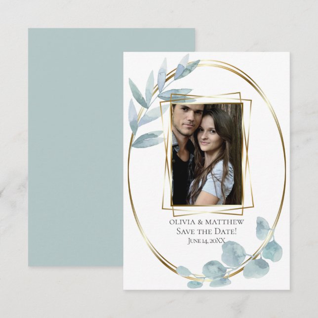 Datum freihalten | Dusty Blue Watercolor Eucalyptu Einladung (Vorne/Hinten)