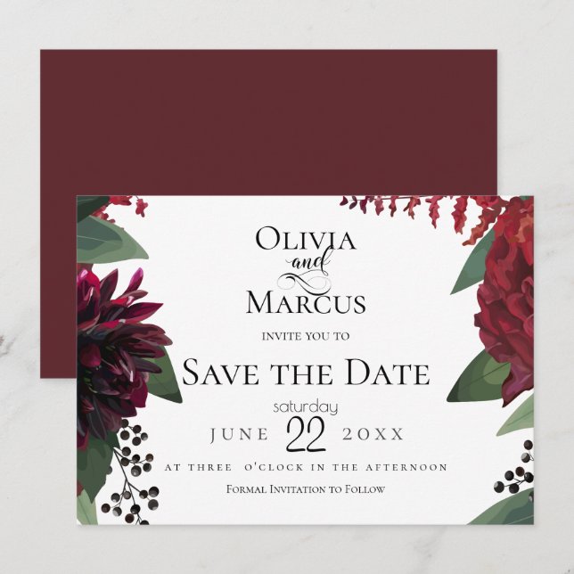 Datum freihalten | Elegant Burgundy Marsala Floral Einladung (Vorne/Hinten)