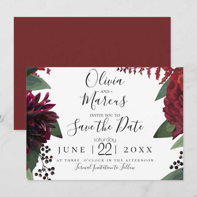 Datum freihalten | Elegant Burgundy Marsala Floral Einladung (Vorne/Hinten)