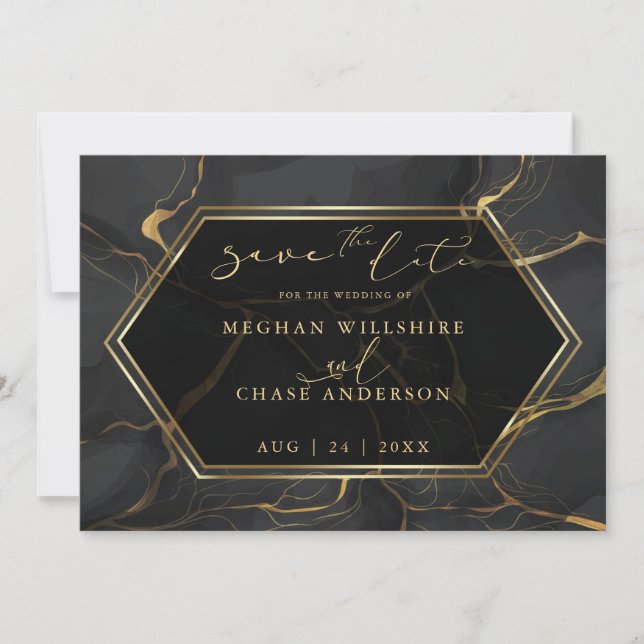 Datum freihalten | Eleganter Schwarz-Gold-Marmor (Vorderseite)