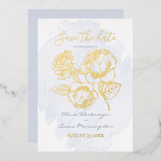 Datum freihalten | Gold Gilded Rose auf Dusty Blue Folieneinladung (Vorderseite/Rückseite)