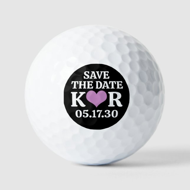 DATUM SPEICHERN Lila Herz MONOGRAMM Schwarzer Hint Golfball (Vorderseite)