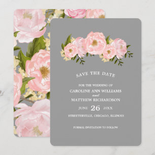 Datum vormerken. Graue rosa Pfingstrosen Hochzeit Save The Date