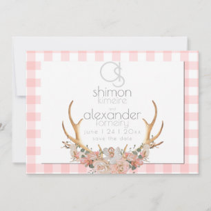 Datum vormerken   Monogramm Korallen Gingham Blume Save The Date