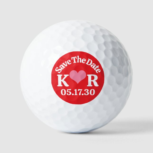 DATUM VORMERKEN Monogramm Rosa Herz & Rote Hinterg Golfball (Vorderseite)