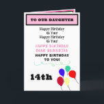 Daughter Birthday Balloons Cupcakes NAME Karte<br><div class="desc">Happy Birthday DAUGHTER ist in schwarz und rosa Typografie geschrieben. Geben Sie den Namen 14. Geburtstag oder jedes Alter ein (entfernen Sie, um leer verlassen, wenn die Adresse an MAMA, TUN, GRANDMOTHER). Personalisieren Sie für unsere Tochter, oder für unsere Enkelin, für meinen Cousin, etc. Innen links hat die Formulierung, Sie...</div>
