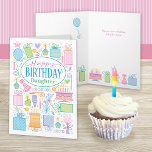 Daughter Birthday Icons Card Karte<br><div class="desc">Kuchen,  Geschenke,  Ballon,  Blume und Party-Hüte füllen diese Geburtstagskarte für die Tochter und bilden auch den unteren Rahmen auf der Innenseite der Karte. Eine helle,  pastellfarbene weibliche Geburtstagskarte für Ihre Tochter voll von allem,  was Geburtstag und Party für sie verwandt.</div>