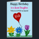 Daughter Birthday Liebe Floral Heart Balloon<br><div class="desc">Rotes Herz fliegender Ballon mit 16. geschrieben in weißer Schrift. Herzlichen Glückwunsch zum Geburtstag einer süßen Tochter, die so viel in schwarz und rosa Typografie geschrieben wird. Hellblauer Hintergrund vorne mit goldgelber Sonnenblume, blau-gelber Farbtupfer und lila Tulpe. Personalisieren Sie für jeden und jedes Alter. Innen links von Karte hat ein...</div>