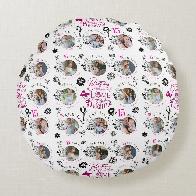 Daughter Birthday Photo Collage Typography  Rundes Kissen (Vorderseite)