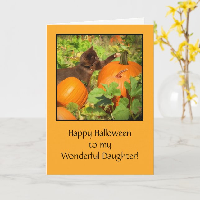 Daughter Happy Halloween mit Kitten und Pumpkins Karte (Gelbe Blume)