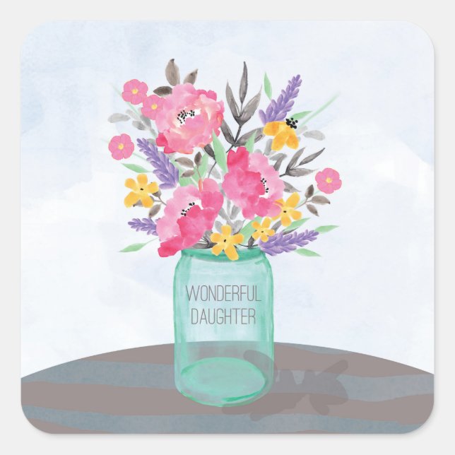 Daughter Mutter's Day Mason Jar Vase Quadratischer Aufkleber (Vorderseite)