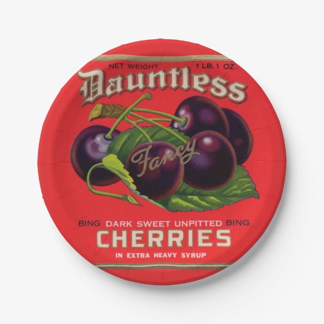 Dauntless Cherries in Heavy Sirup aus den 1930er J Pappteller (Vorderseite)