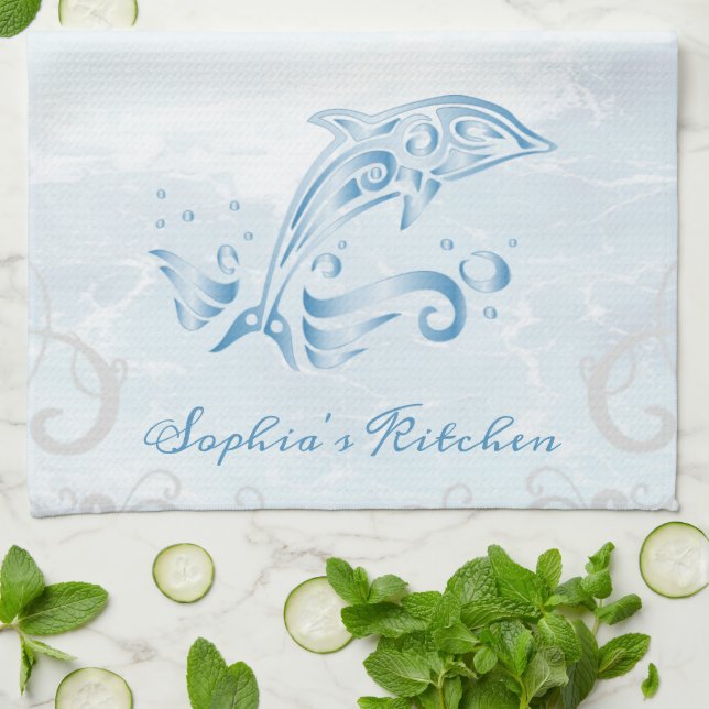 Dauphin bleu Serviette de cuisine personnalisée (Plié)