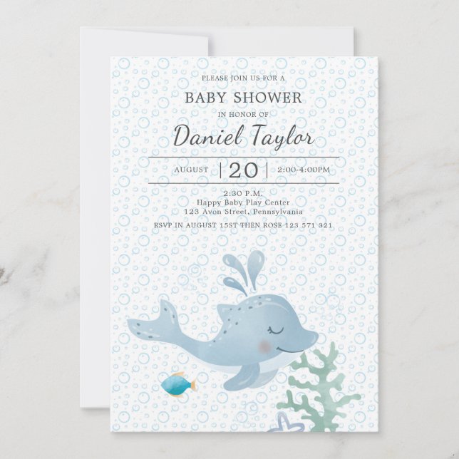 Dauphin d'aquarelle Invitation Baby shower bébé (Devant)