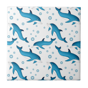 Dauphins et bulles sur blanc. Carreau en céramique
