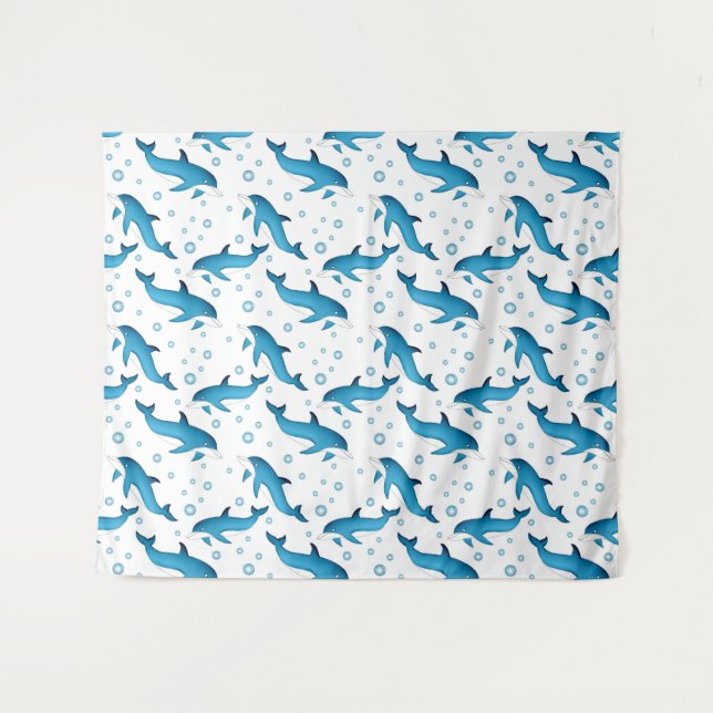Dauphins et bulles sur blanc. Tenture (Devant (Horizontal))