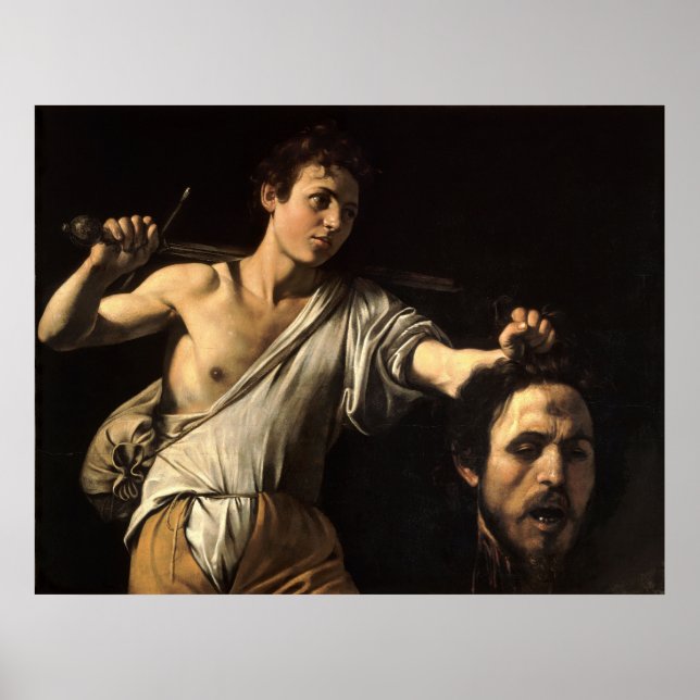 David mit dem Leiter von Goliath, Caravaggio Poster (Vorne)