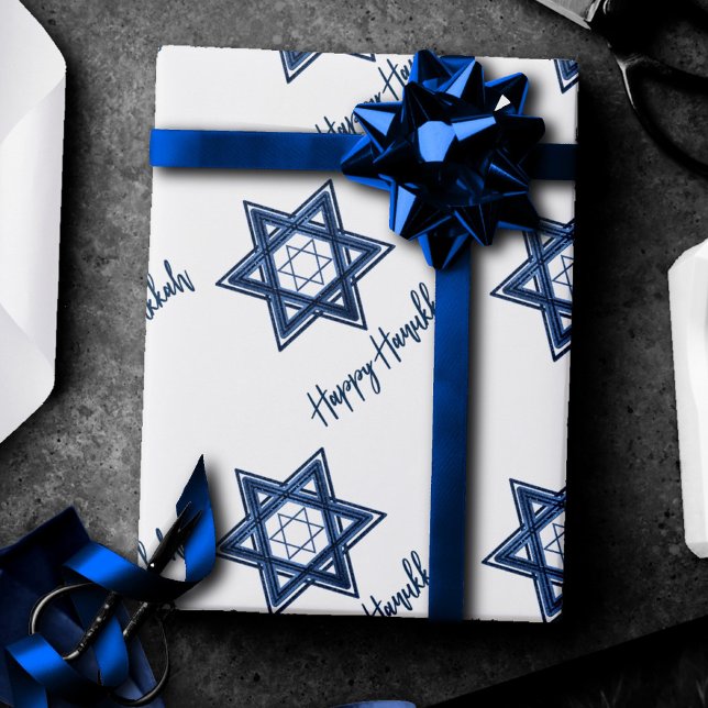 David Pattern | Blue Modern Happy Hanukkah Geschenkpapier (Von Creator hochgeladen)