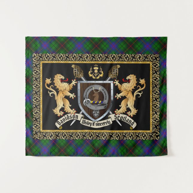 Davidson Clan Abzeichen & Motto w/Lions Wandteppich (Vorderseite (Horizontal))