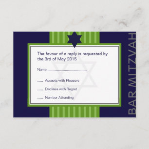 Davidsstern Bar Mitzvah grünes u. blaues Band UAWG RSVP Karte