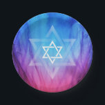 Davidsstern Bar-Schläger Mitzvah | blaues Pappteller<br><div class="desc">Haben Sie ein "Feuer- und Eis" Thema Bar Mitzvah oder Schläger Mitzvah Feier und das Suchen nach festlichen Dekorationen? Dieser kundenspezifische Flammen-Party-Teller des blauen und roten Feuers kann personalisiert sein! Die einzigartigen AquarellAusrüstungsbeschreibungen, die ein weißer jüdischer Davidsstern Auf einem größeren Stern für einen modernen und interessanten Blick bedeckte. Darüber hinaus...</div>