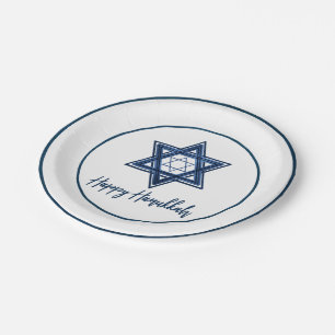 Davidstern Classic Blue Modern Happy Hanukkah Pappteller