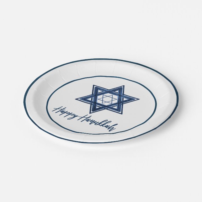Davidstern | Classic Blue Modern Happy Hanukkah Pappteller (Schrägansicht)