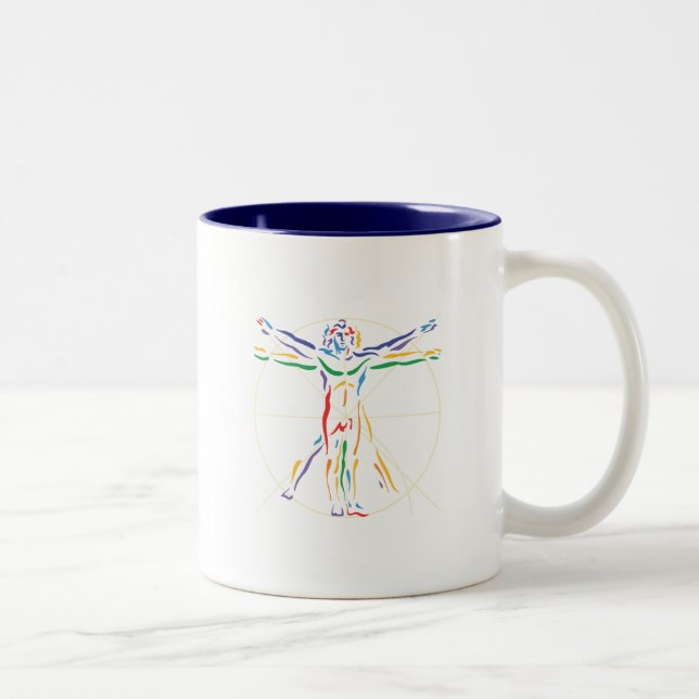 DaVinci Anatomie-Mann in Chakra Farben Zweifarbige Tasse (Rechts)