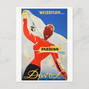 Davos Parsenn, Girl Shows Kabelbahn und Skilift Postkarte