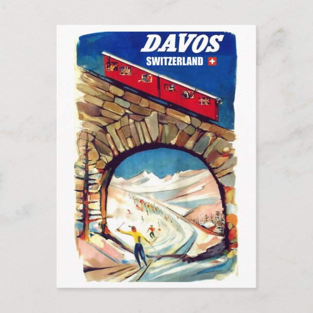 Davos, rote Luftseilbahn auf der Brücke, Schweiz Postkarte (Vorderseite)