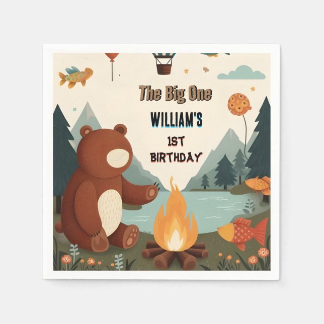 Day Brown Fun Fish Boy Niedlich Baby Bear 1. Gebur Serviette (Vorderseite)