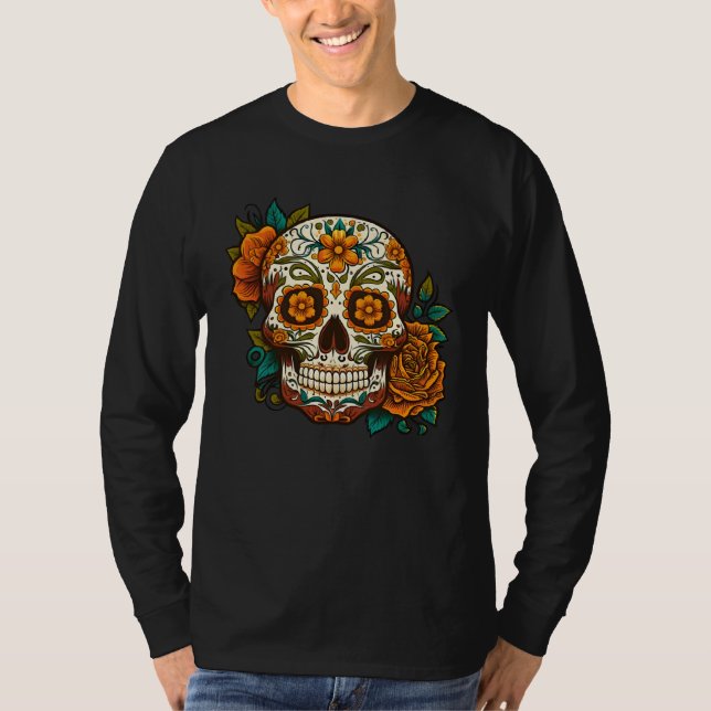 Day Of Dead Sugar Skull Floral Skeleton Head Bone  T-Shirt (Vorderseite)
