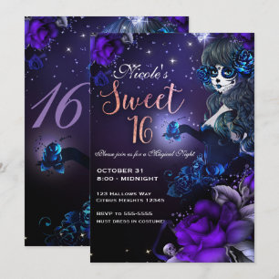 Day of the Dead Mädchen lila blaue Sweet 16 Party Einladung
