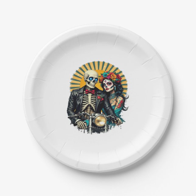 Day of the Dead Skeleton Couple Bikers Pappteller (Vorderseite)