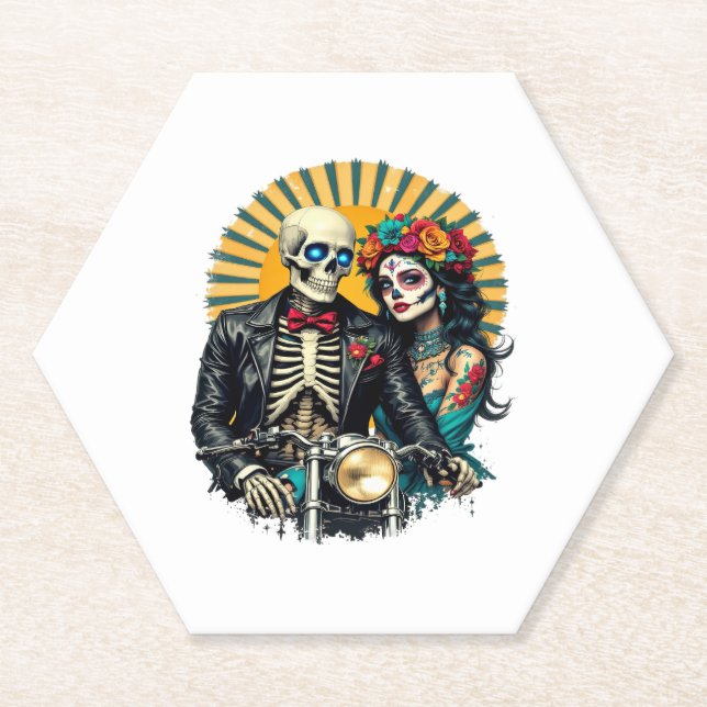 Day of the Dead Skeleton Couple Bikers Untersetzer (Vorderseite)