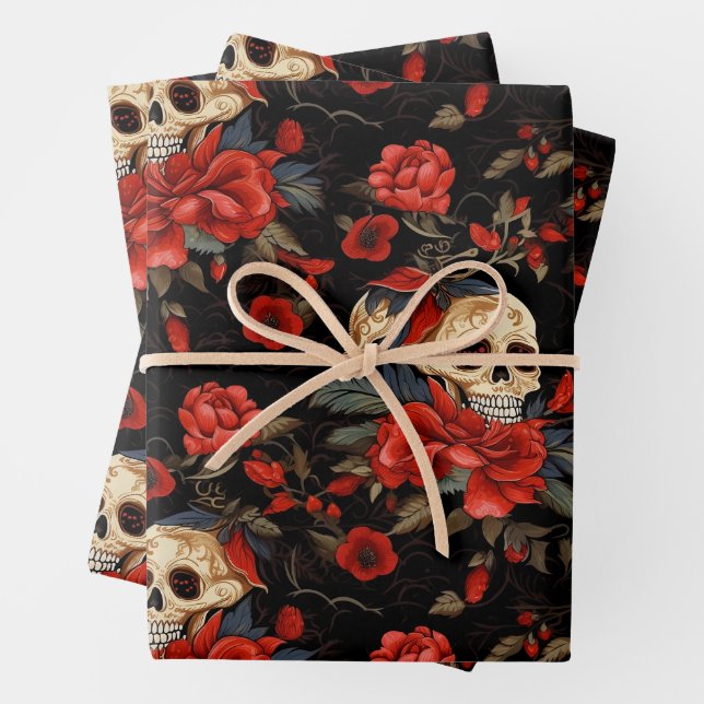 Day of the Dead Skull and red Roses Geschenkpapier Set (Beispiel)