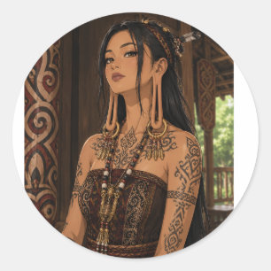 DAYAK FRAU MIT LANGEM OHRSCHMUCK STAMMES-TATTOO-KU RUNDER AUFKLEBER