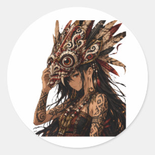 DAYAK HUDOQ-MASKE FRAU STAMMESKUNST-STICKER RUNDER AUFKLEBER