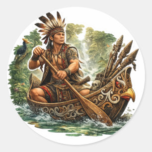 DAYAK-KRIEGER IN EINFACHEM BORNEO-KANU RUNDER AUFKLEBER