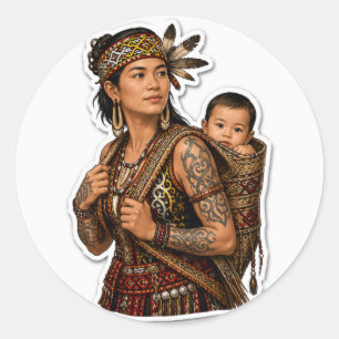 DAYAK-MUTTER UND BABY-STAMMES-BORNEO-KUNST RUNDER AUFKLEBER